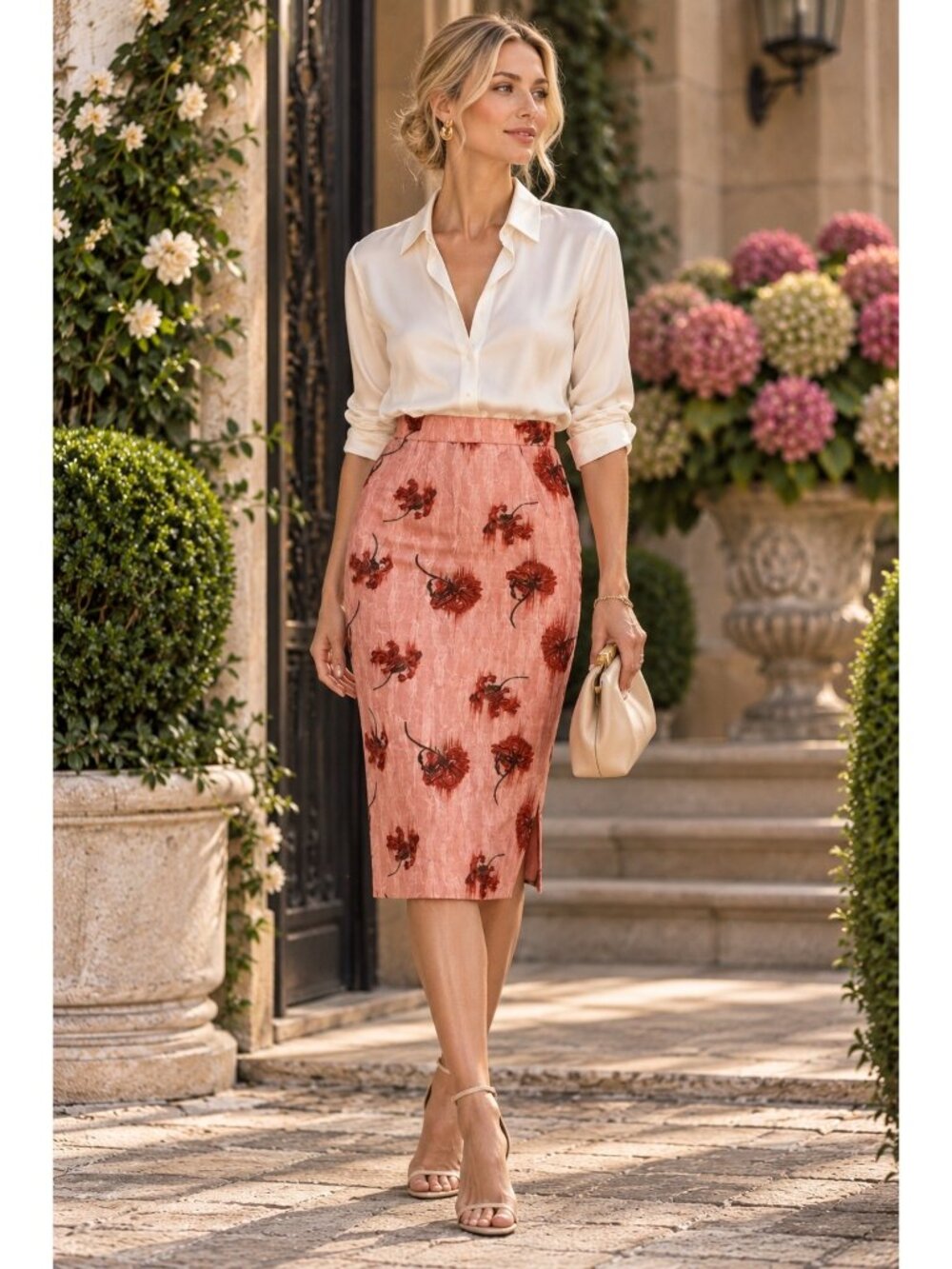 Emilia Wickstead Lorelei Floral Organza Midi Pencil Skirt Pink Coral US 4